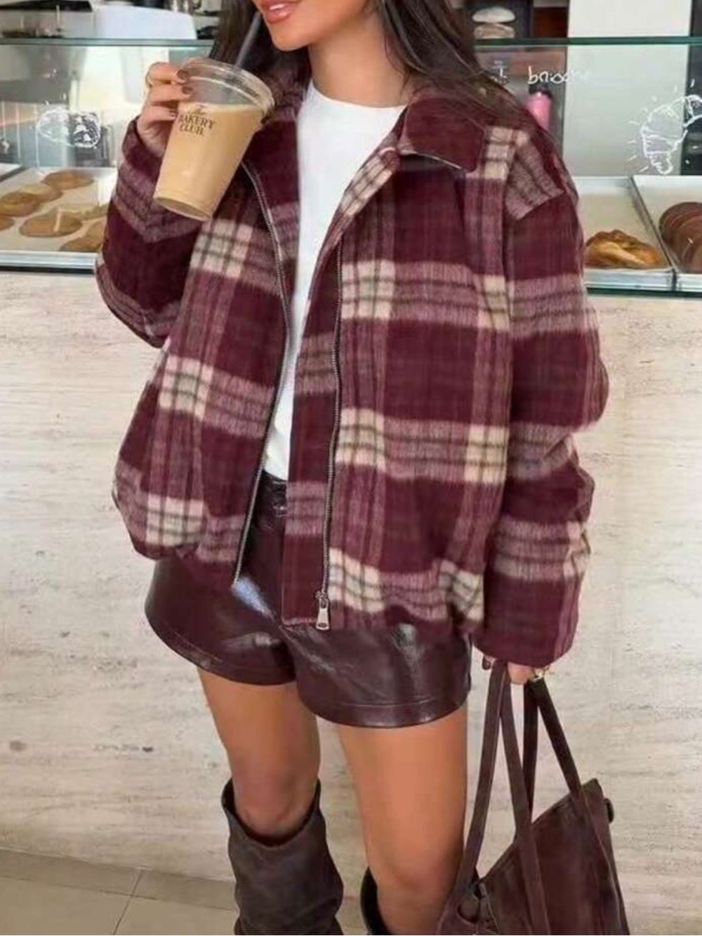 Women's Plaid Thick Wool Blend Zip-Up Loose Jacket, Casual For Autumn & Winter